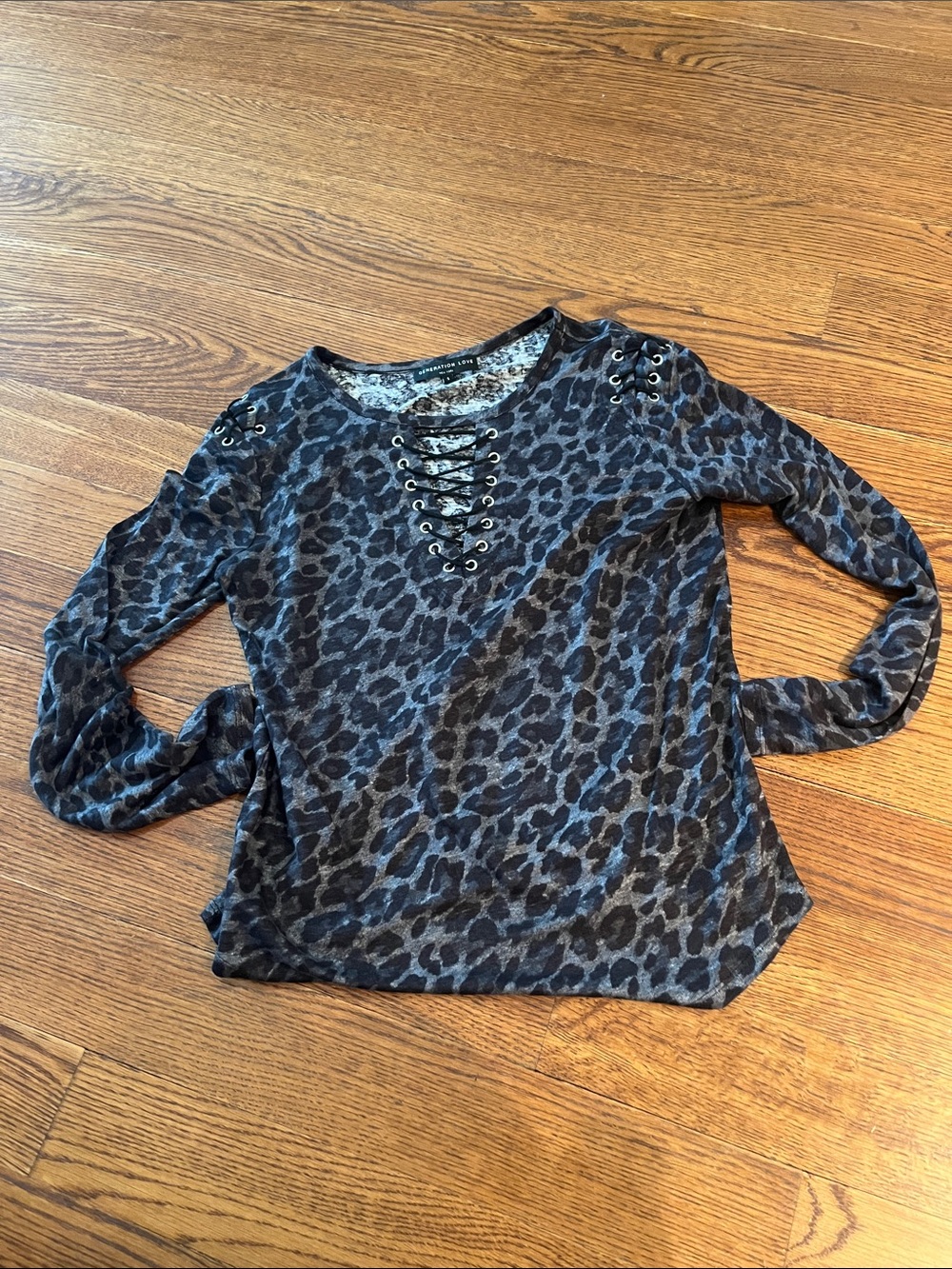 Generation Love Gray and Black Leopard Lace-Up Long Sleeve Top